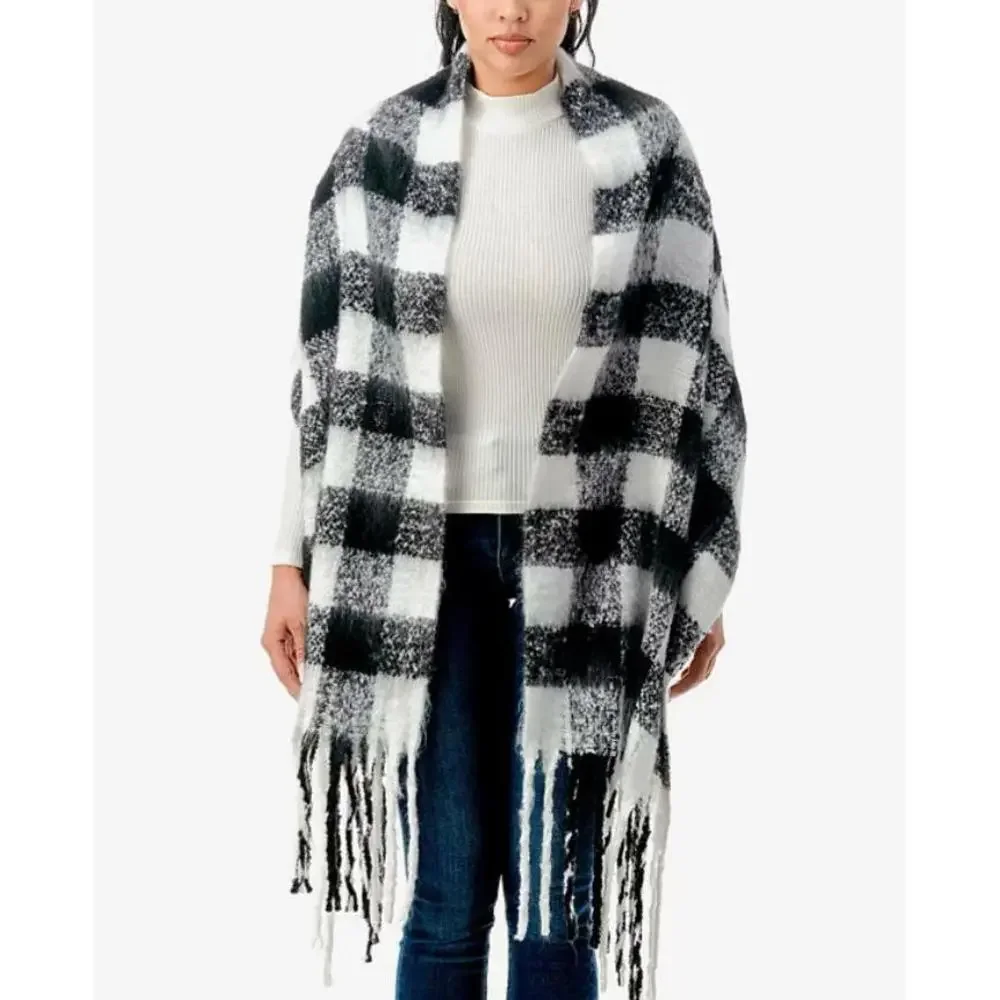 Marcus Adler Women's Cozy Black/White Plaid Blanket Scarf with Fringe One Size